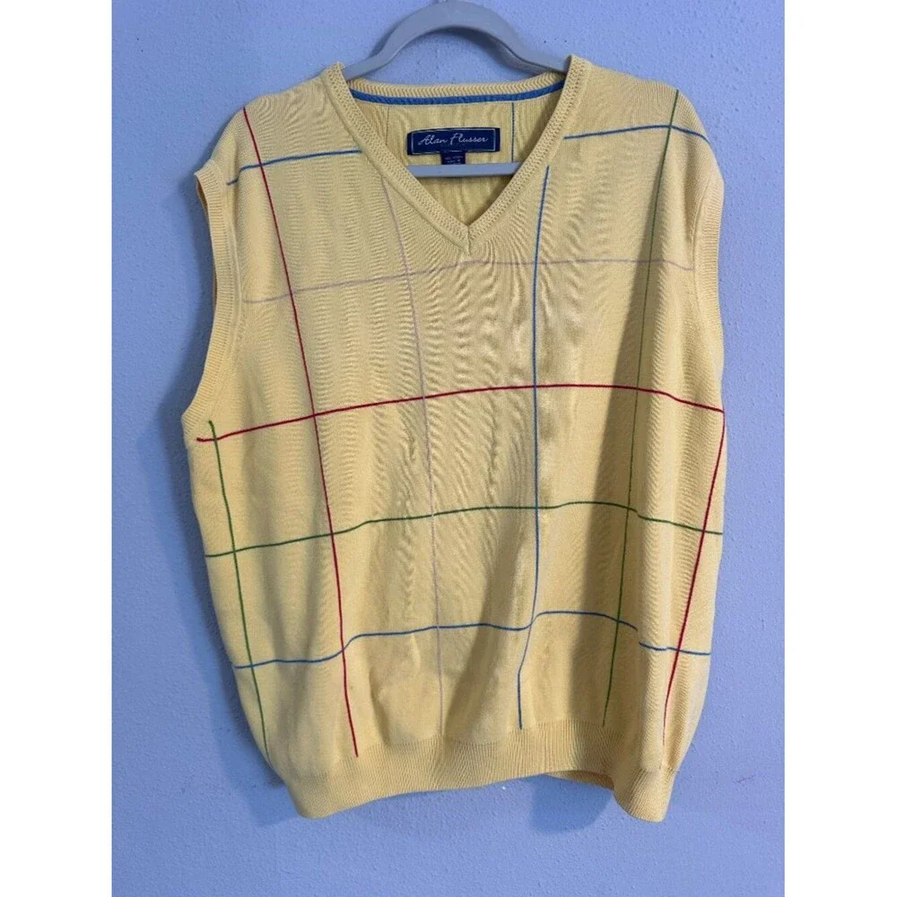 Vintage Alan Flusser Golf Sweater Vest Men’s XL Yellow Cotton Preppy Argyle